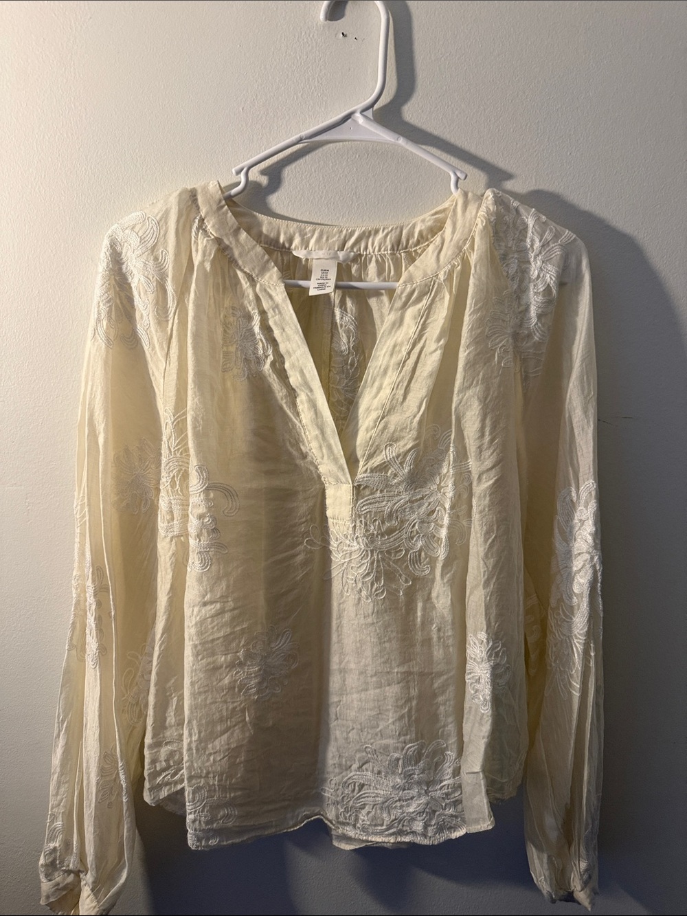H&M Cream Embroidered V-Neck Long Sleeve Blouse